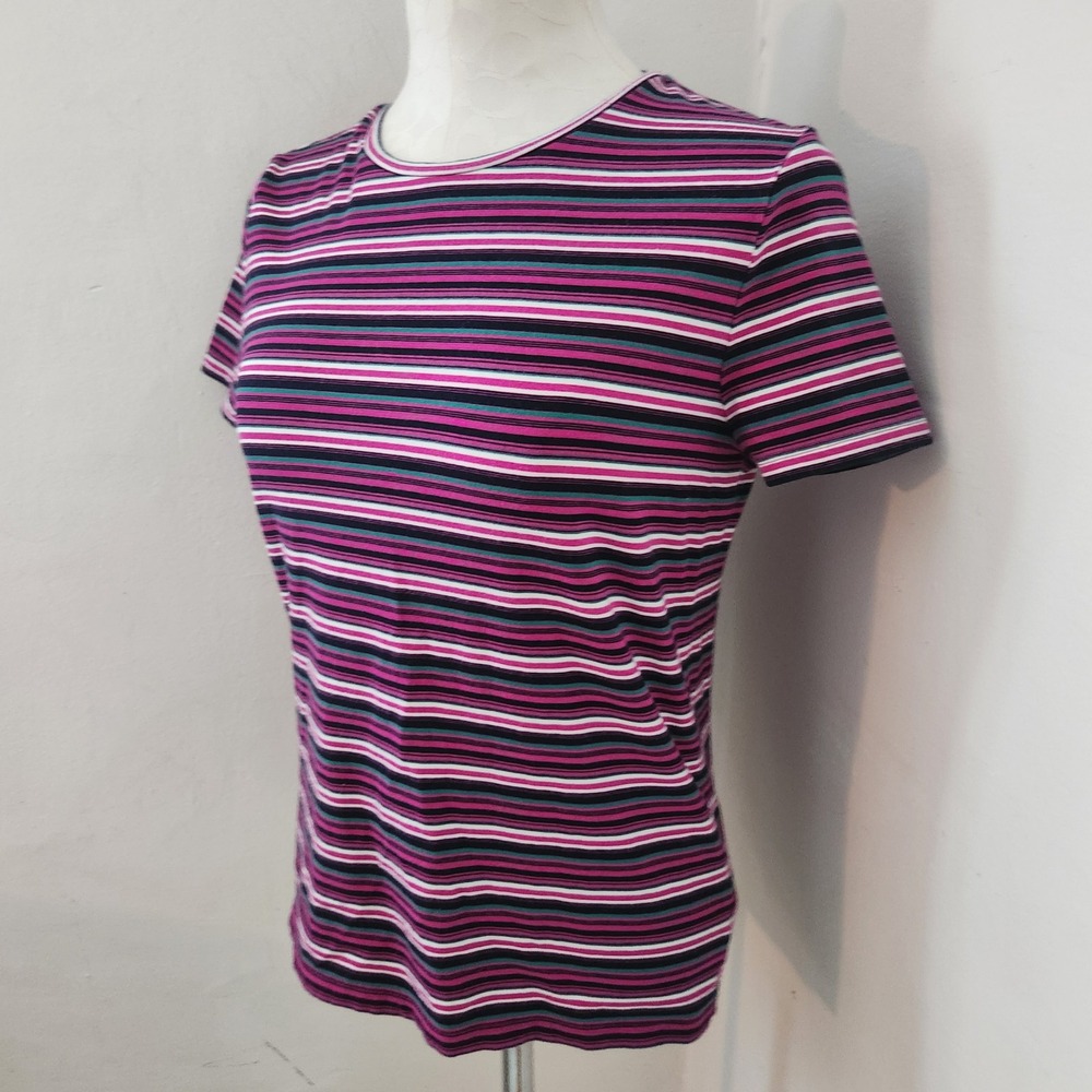 Talbots Petites Women MP Pink Purple Teal Striped Short‎ Sleeve Crewneck Tee Top - Picture 5 of 5